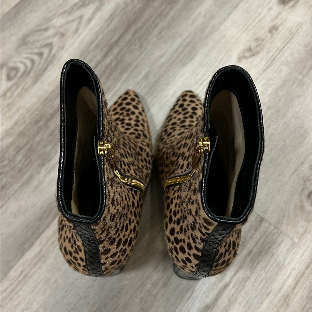 Michael Kors Leopard Calf Hair Embossed Leather Gold Zip Chunky Heel Ankle Boots - Picture 14 of 16